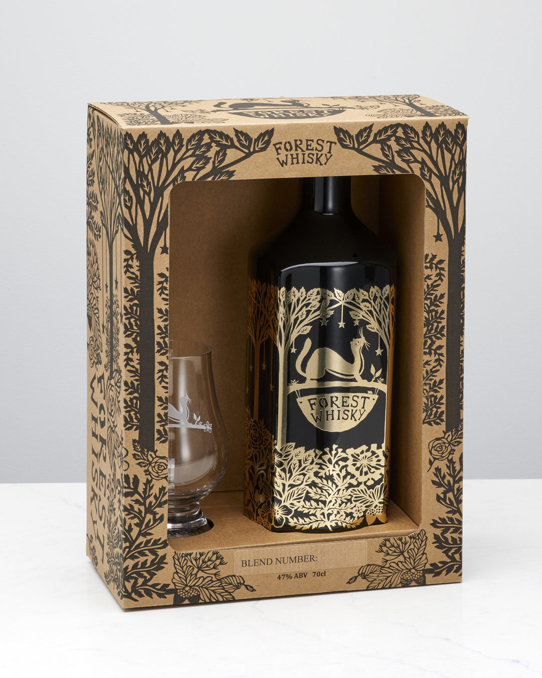 Forest Whisky Gift Box – 70cl Porcelain Bottle &amp; Etched Glass (Blend 29)