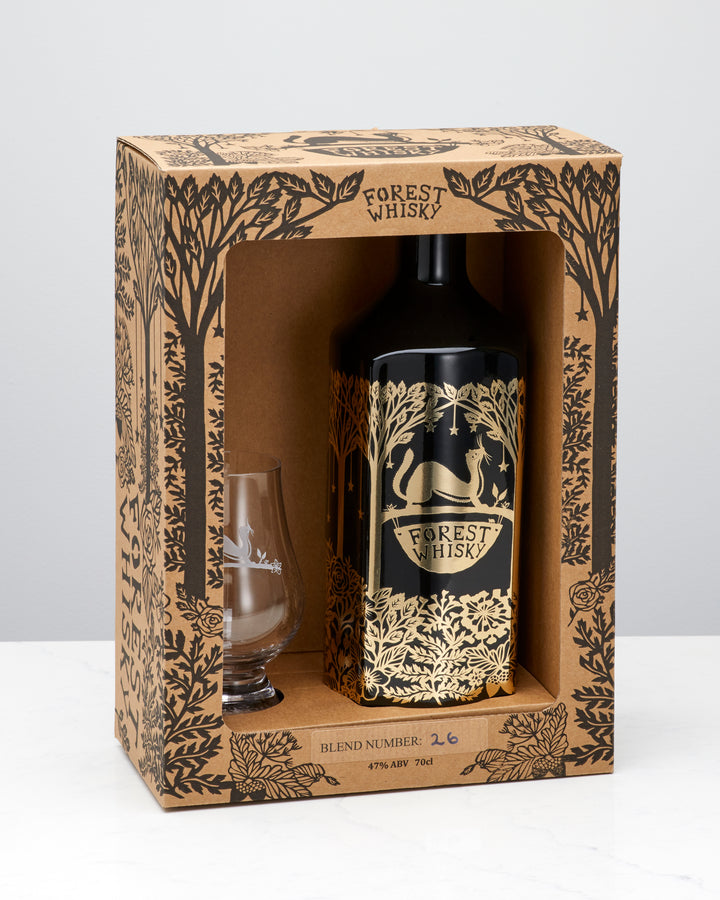 Forest Whisky Gift Box – 70cl Porcelain Bottle &amp; Etched Glass (Blend 26)